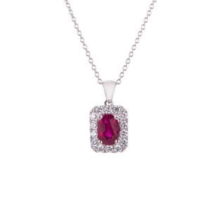oval ruby pendant with square diamond set halo and 18ct white gold chain