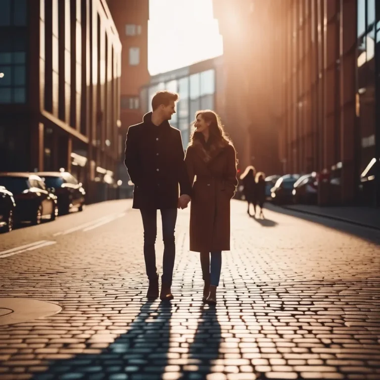 Couple holding hands walking down the centre of a sunlit street in manchester