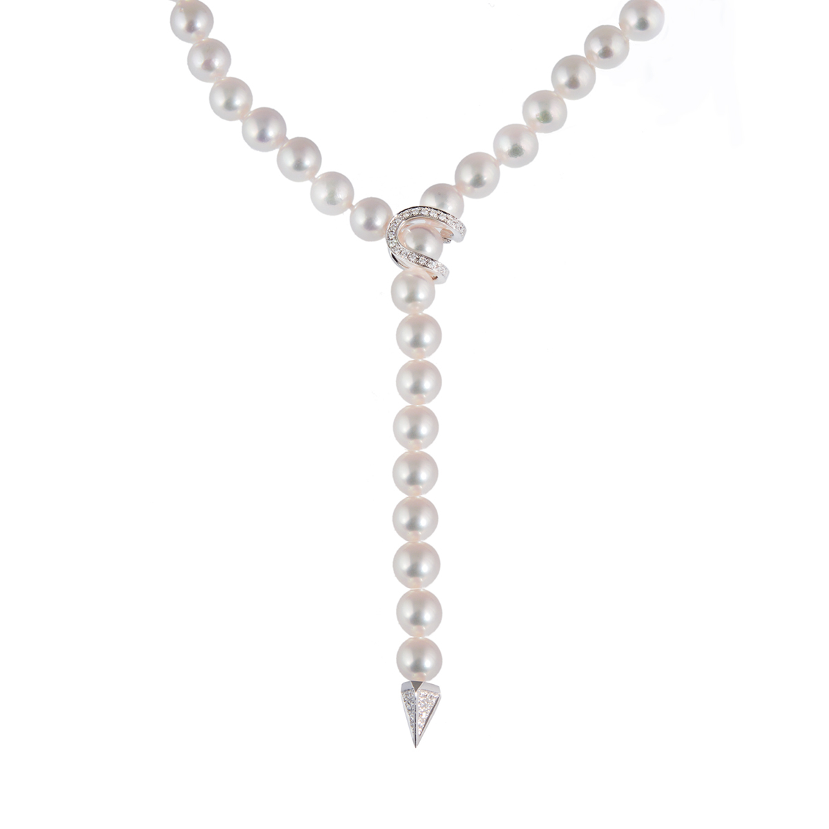 long-pearl lariat necklace with diamond clasp