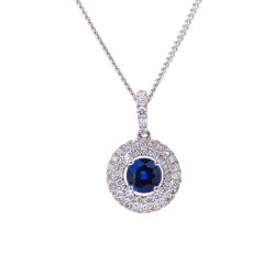 Brilliant Cut Sapphire and Diamond Double Halo Pendant