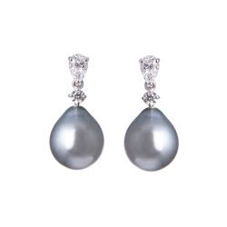 Grey Tahitian Pearl and Pear Cut Diamond Earrings