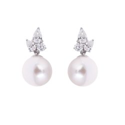 White Gold Pearl and Pear Diamond Earrings