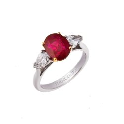 Oval Ruby and Pear Cut Diamond 3-Stone Ring