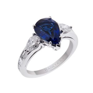Pear cut sapphire ring with diamond shoulders