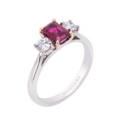 Emerald Cut Ruby and Diamond 3-Stone Ring