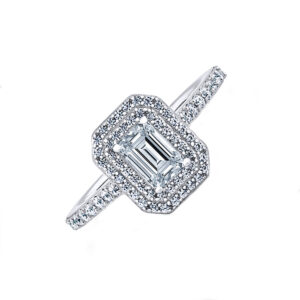 platinum double halo emerald cut diamond cluster ring
