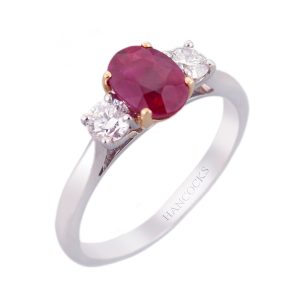 platinum ruby and diamond three stone ring
