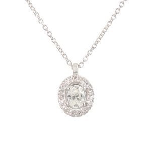 white gold oval diamond halo cluster pendant