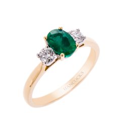 emerald and diamond 3-stone ring in gold