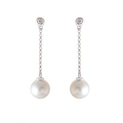 pearl and diamond chain drop earrings in white gold