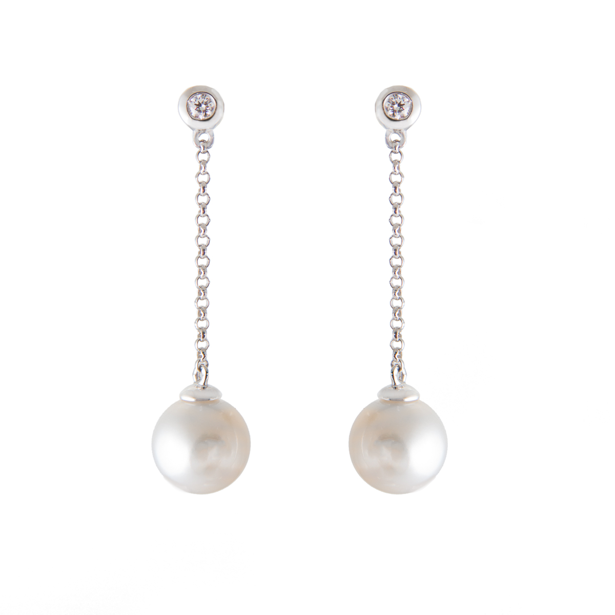 pearl and diamond chain drop earrings in white gold