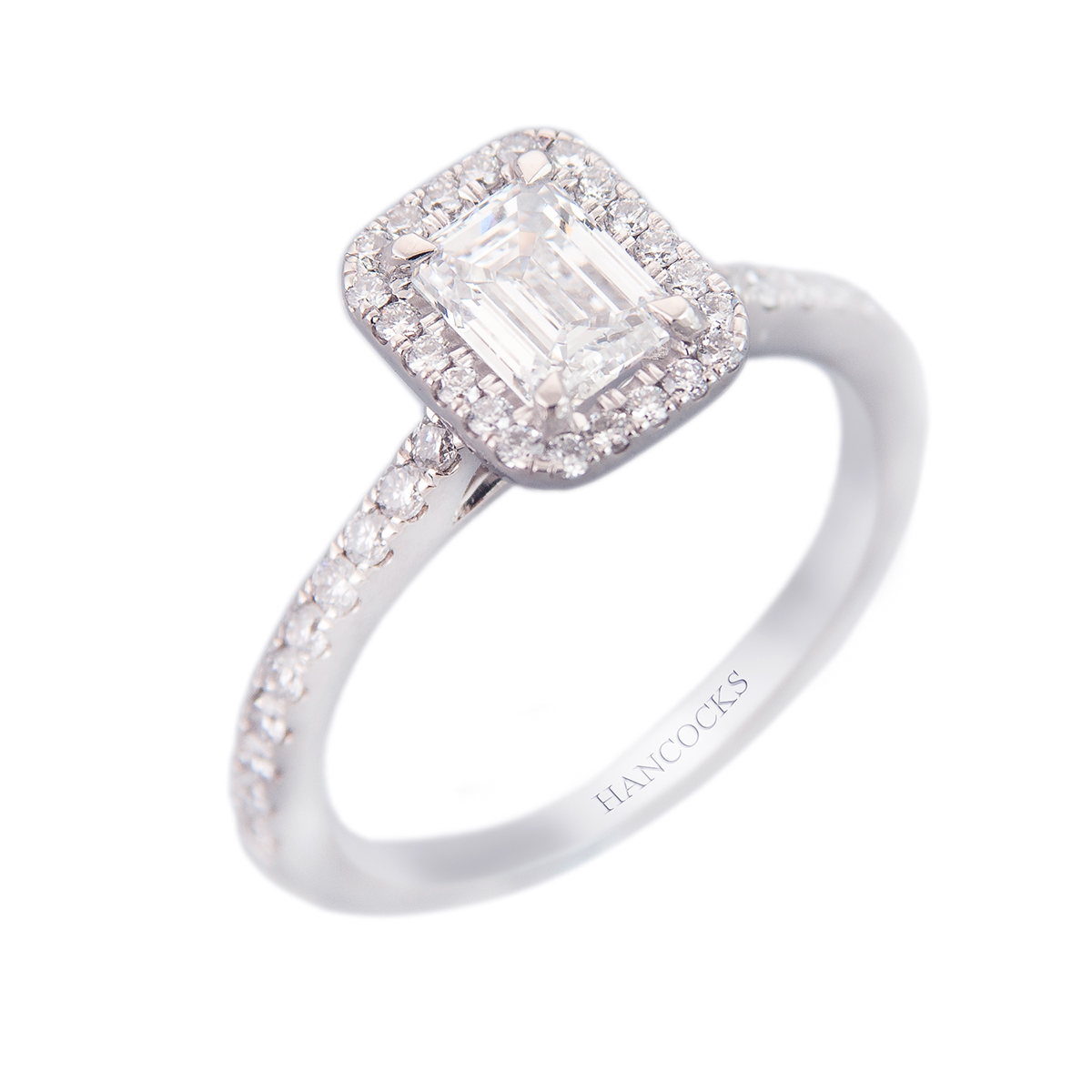 platinum emerald cut diamond halo cluster ring