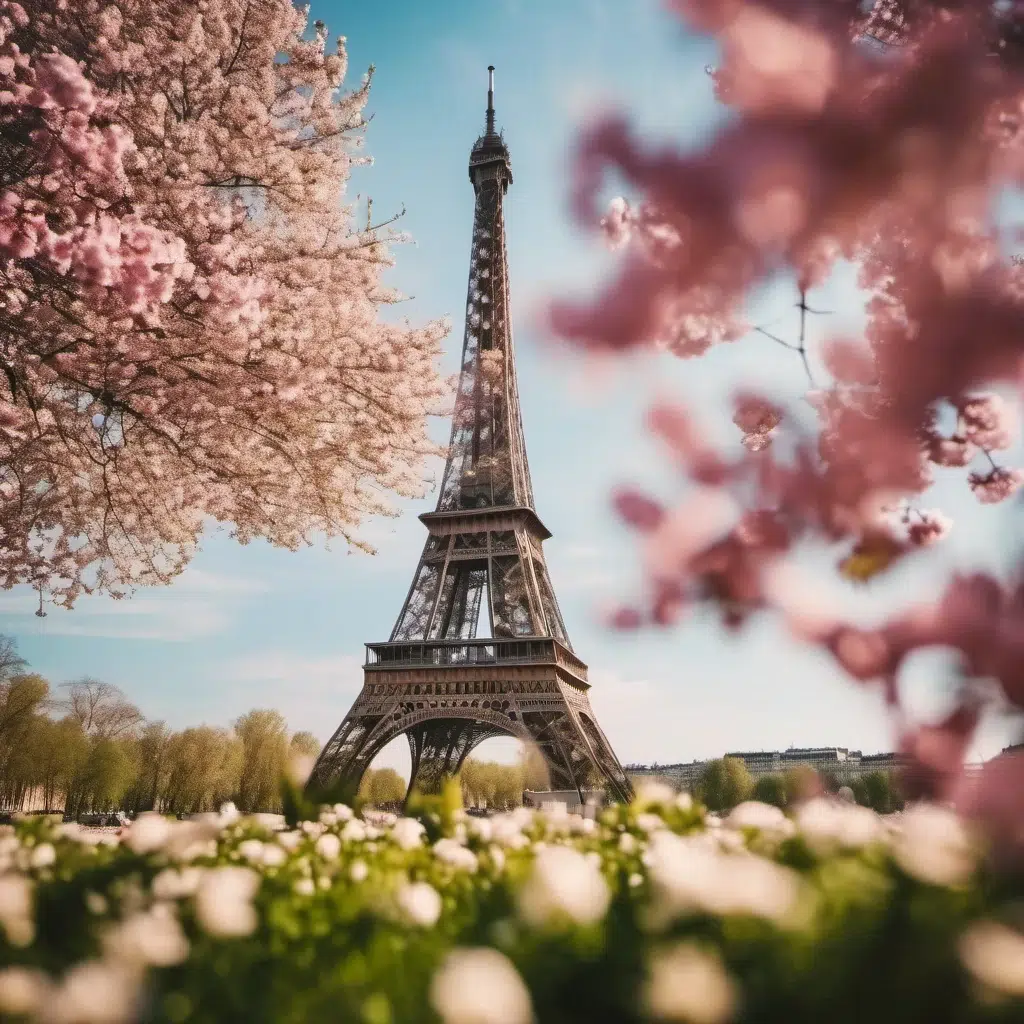 Eiffel tower with cherry blossom trees in foreground