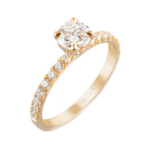 brilliant cut diamond engagement ring with diamond set shoulders in yellow gold
