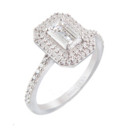 platinum emerald cut diamond double halo cluster ring