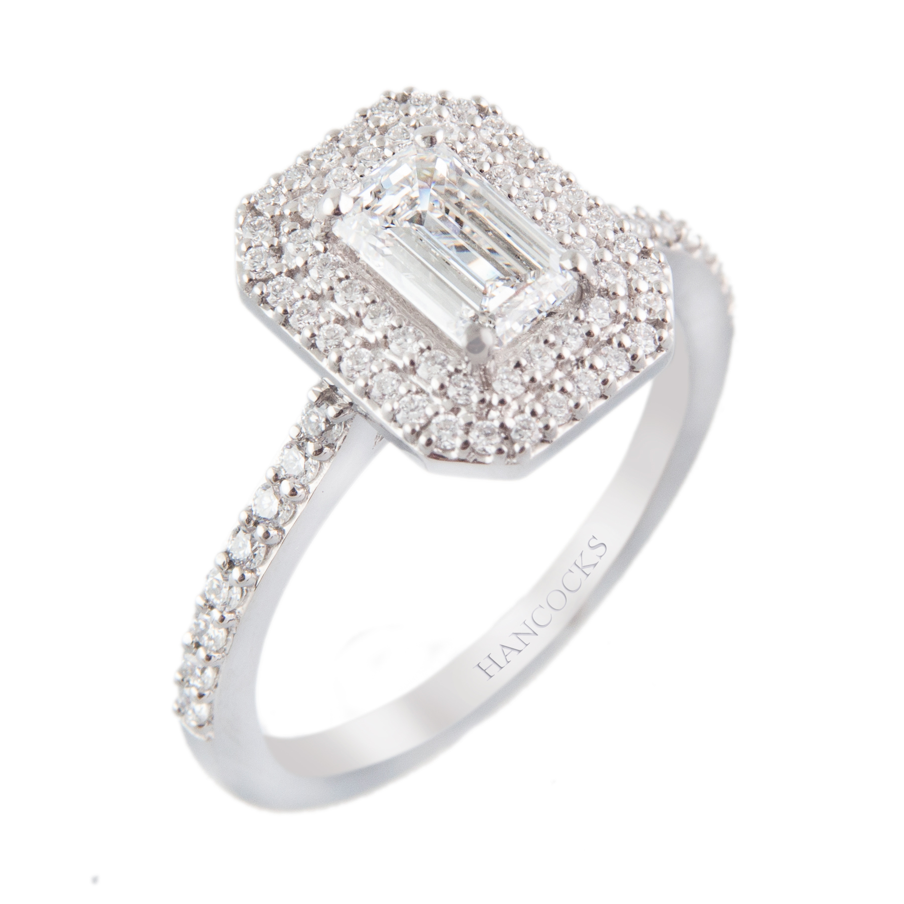 platinum emerald cut diamond double halo cluster ring