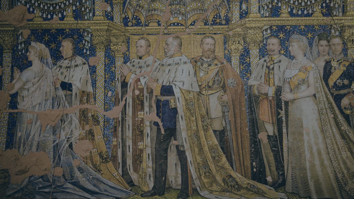 Decorative mural showing a line of royally dressed figures in ceremonial robes and gowns standing in an ornate blue-and-gold interior.