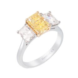 radiant cut yellow diamond three stone ring