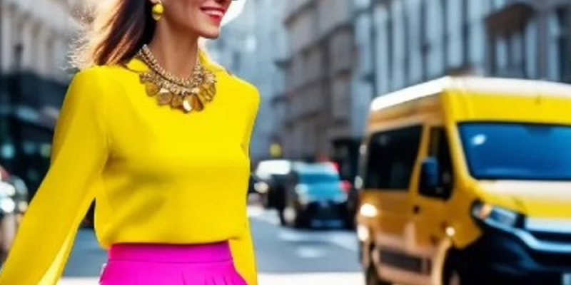 Lady walking across a road in bright yellow top and bright pink skirt
