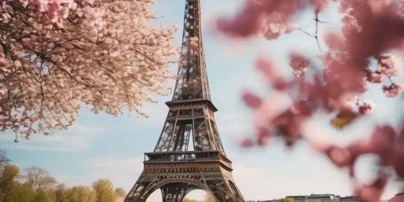 Eiffel tower with cherry blossom trees in foreground