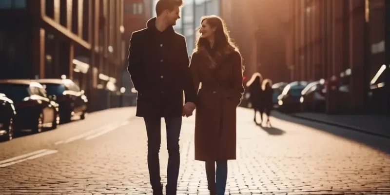 Couple holding hands walking down the centre of a sunlit street in manchester