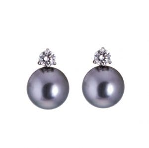 Black Tahitian Pearl and Brilliant Cut Diamond Earrings
