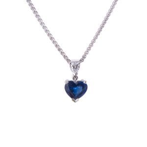 heart shaped sapphire and brilliant cut diamond drop pendant and chain